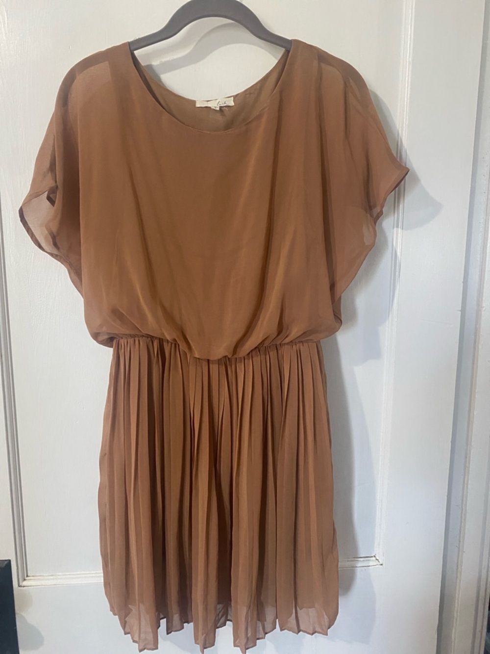 Lush Camel Brown Pleated Mini Dress with Sheer Blouson